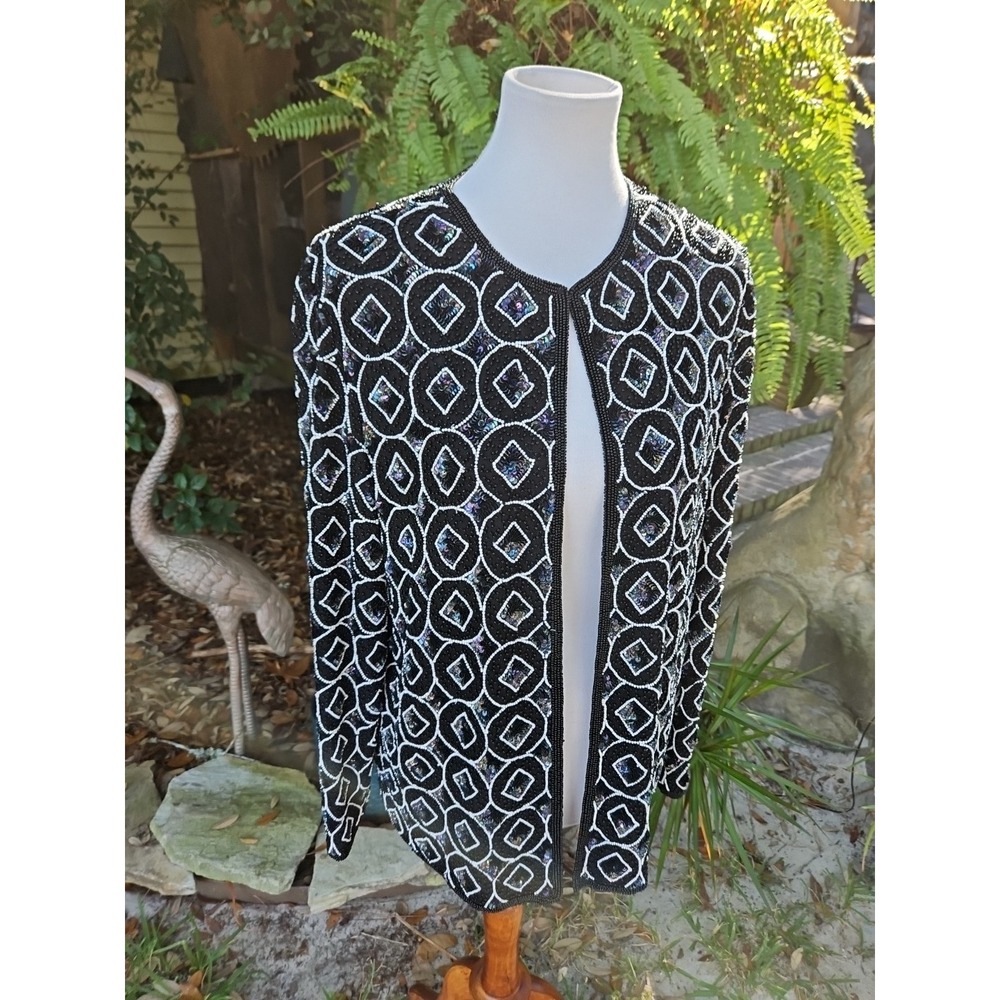 Adrianna Papell Beaded Jacket Black/White Cardigan Evening Statement Boutique M